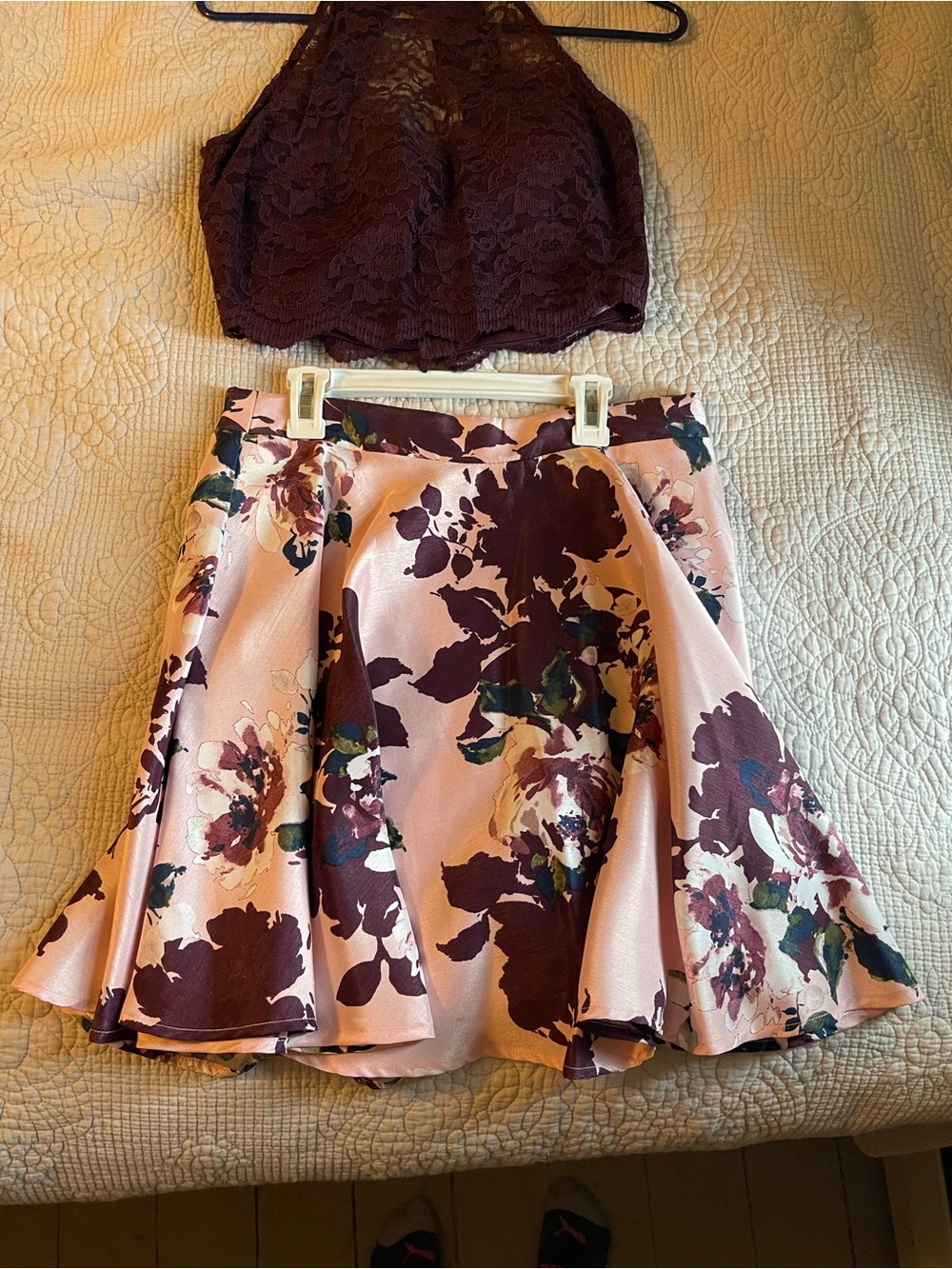 City Triangles Pink Skater Skirt with Burgundy Floral Print